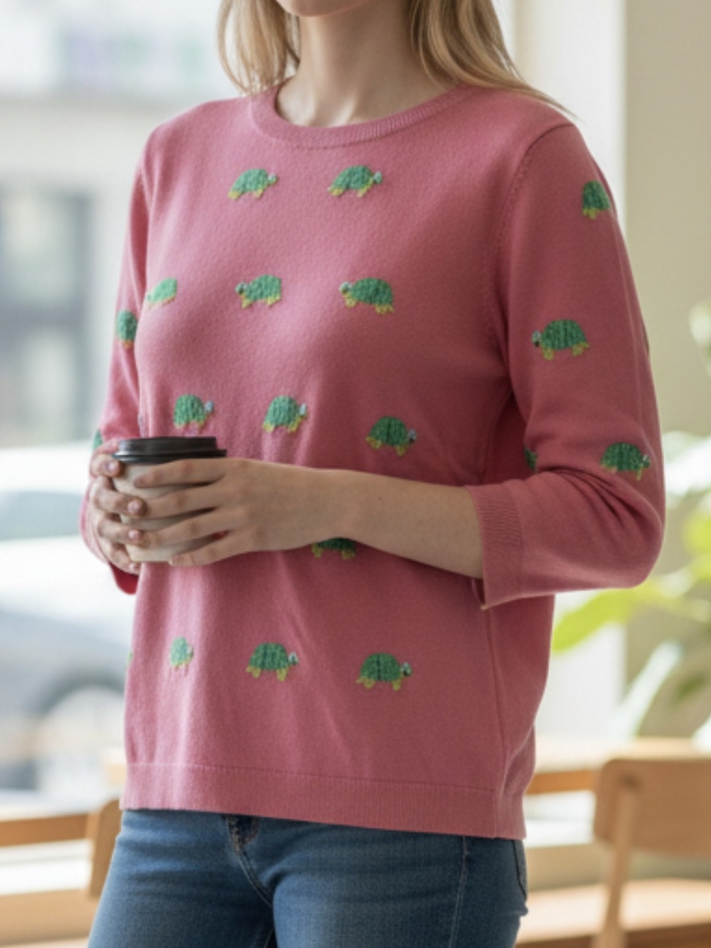 Women’s Pink Embroidered Turtle Sweater